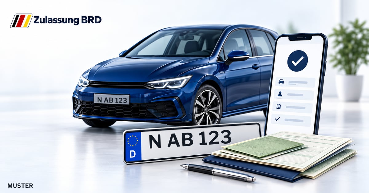 Online Fahrzeugzulassung in Hersbruck: Musterkennzeichen N AB 123, Auto und Fahrzeugpapiere und Smartphone. Illustration mit Logo von Zulassung BRD.
